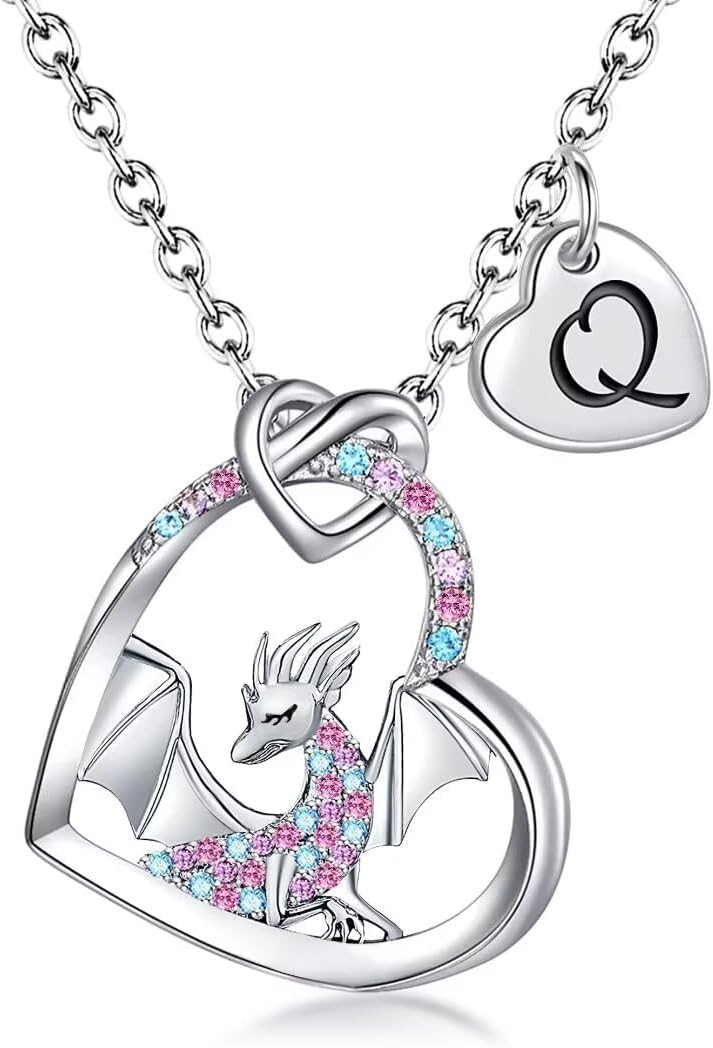 BAOWING Store Dragon Necklace Gifts for Kids Girls Rainbow Dinosaur Animal Pendant Colorful CZ Heart Letter Initial Jewelry Gifts for Daughter Granddaughter Niece Little Teen Girl - Image 1
